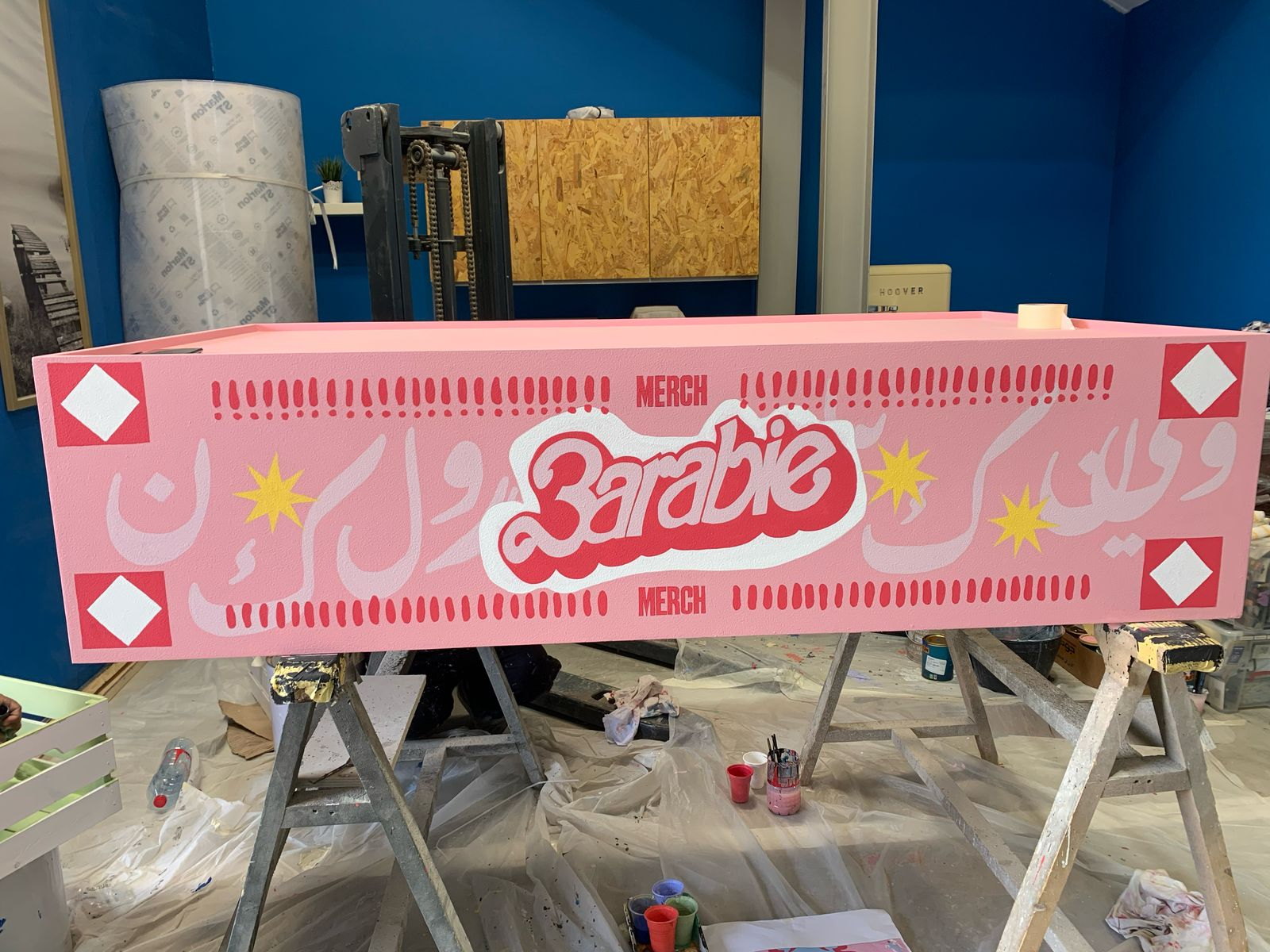 Pink 'Barbie' cart on trestles