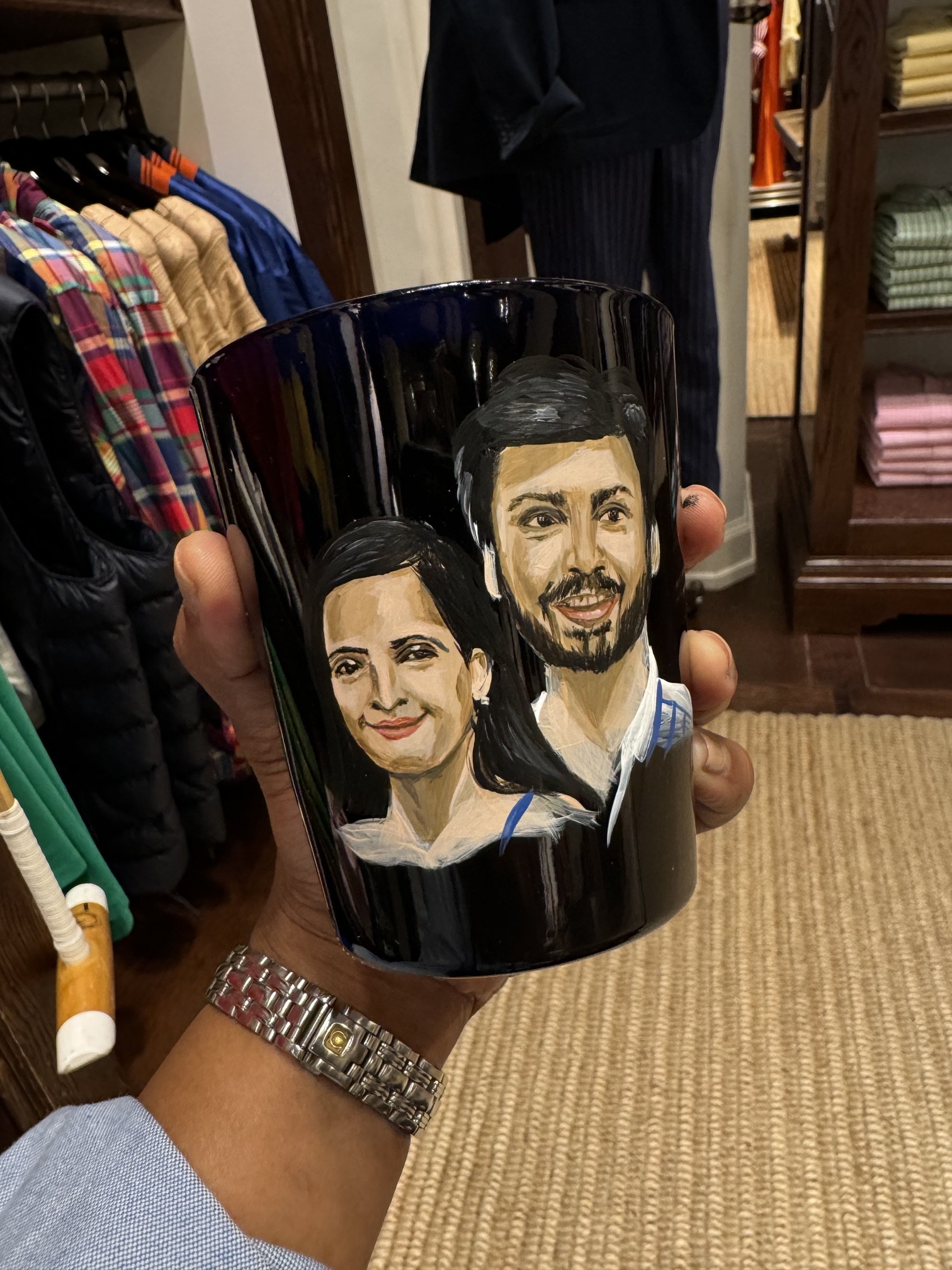 Couple's portrait painted on a candle jar
