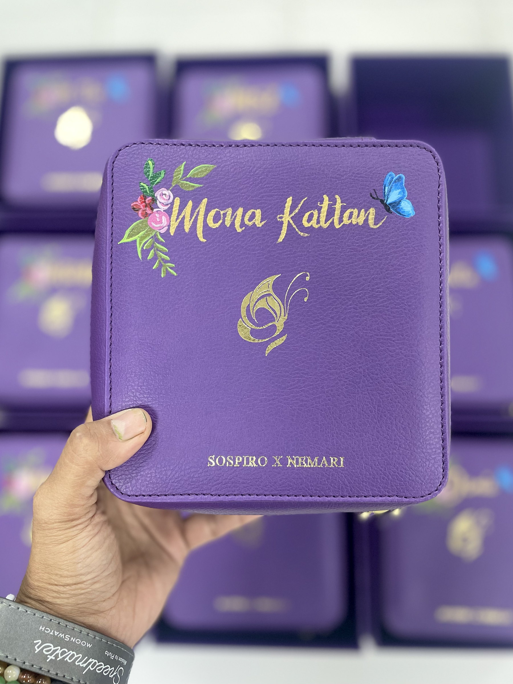 Purple pouch personalised with a name and flowers