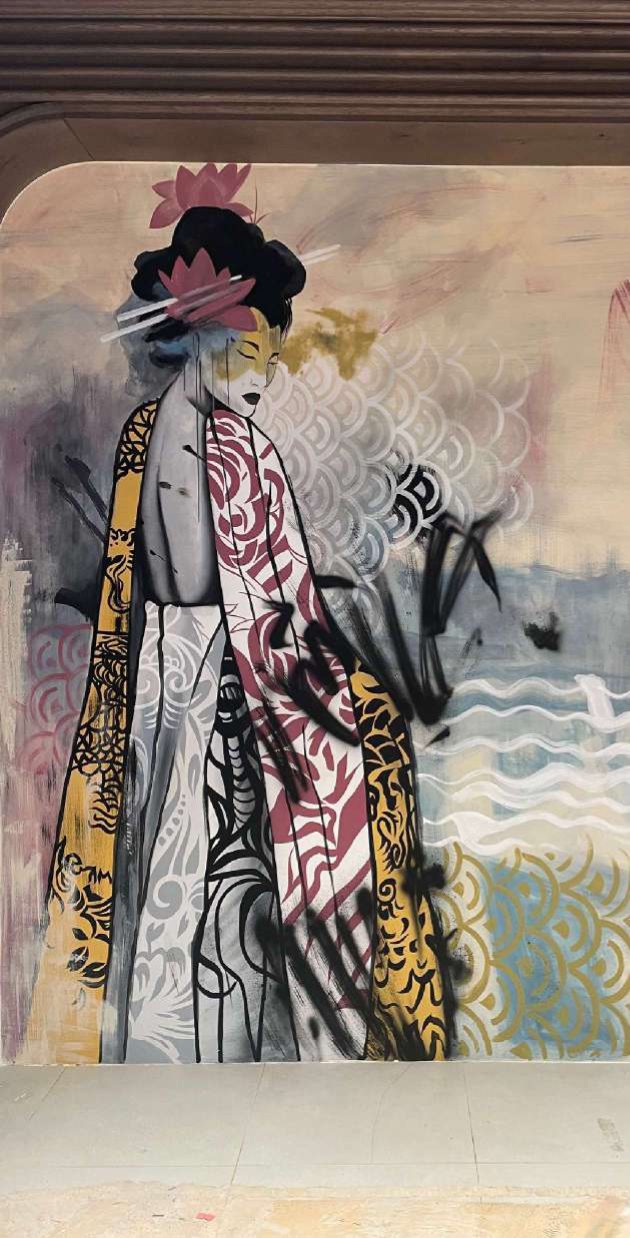 Detail of hand-lettered Japanese signage on the Sushiyaki mural