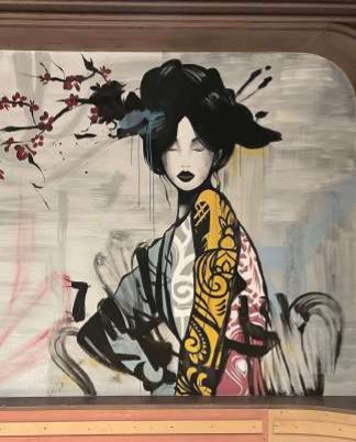 Sushiyaki entrance wall with painted lanterns and characters
